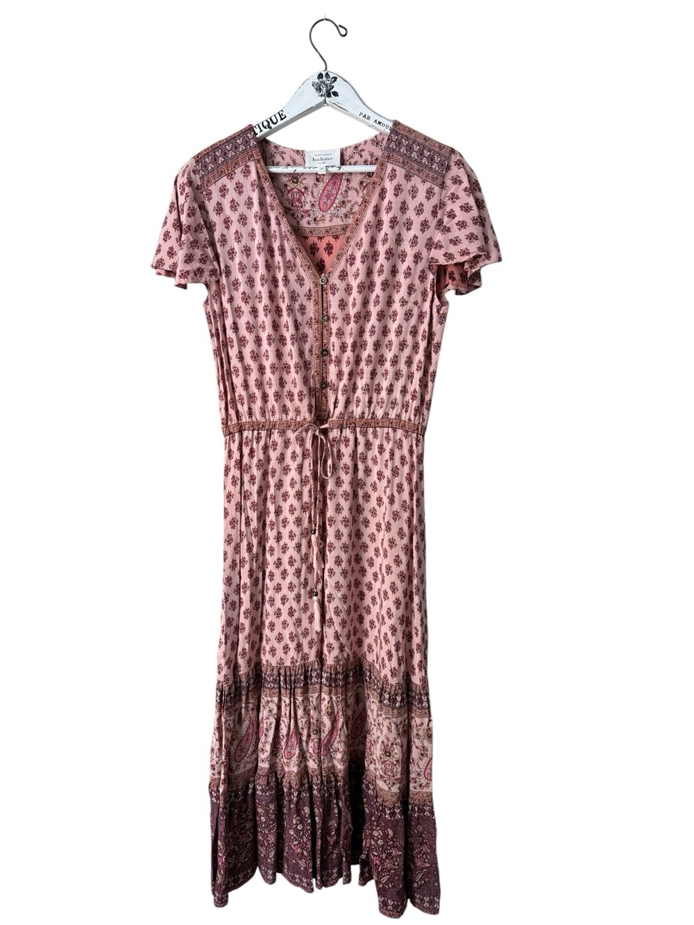 Böhme Pink Multi Paisley Midi Dress With Cinch Waist & Flutter Sleeve Size M